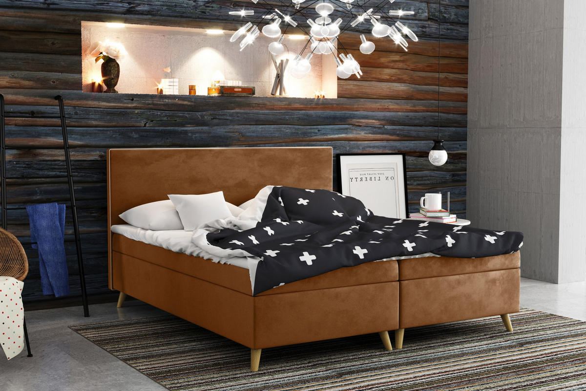 BOXBETT Mit Bettkasten Matratze + Topper BELLA Stoff Riviera Ceglas 180x200 cm H3-Bonell - Kupferfarben, Holz (180/200cm) - Kaiser Möbel