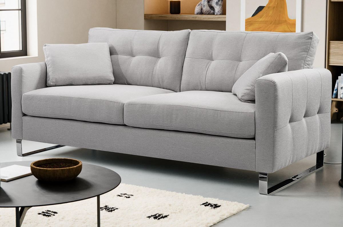 SOFA hellgrau Flachgewebe 2,5-Sitzer 203 cm, Couch mit Steppoptik - Chromfarben/Hellgrau, Holz/Textil (203/92/94cm) - Inn.Furn