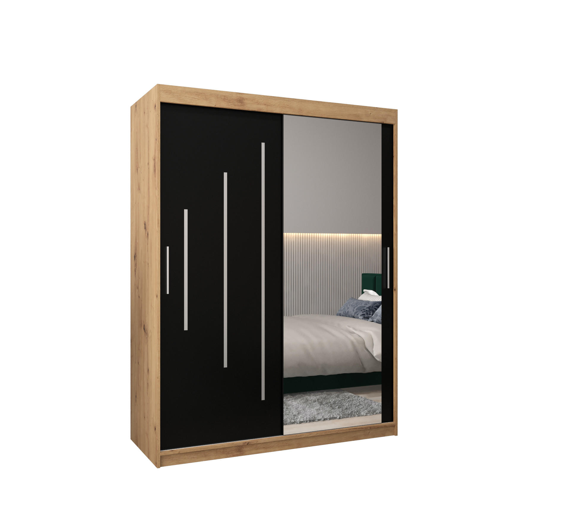 Abiks Möbel Schwebetürenschrank Eiche Artisan, Schwarz 150x200x62 cm
