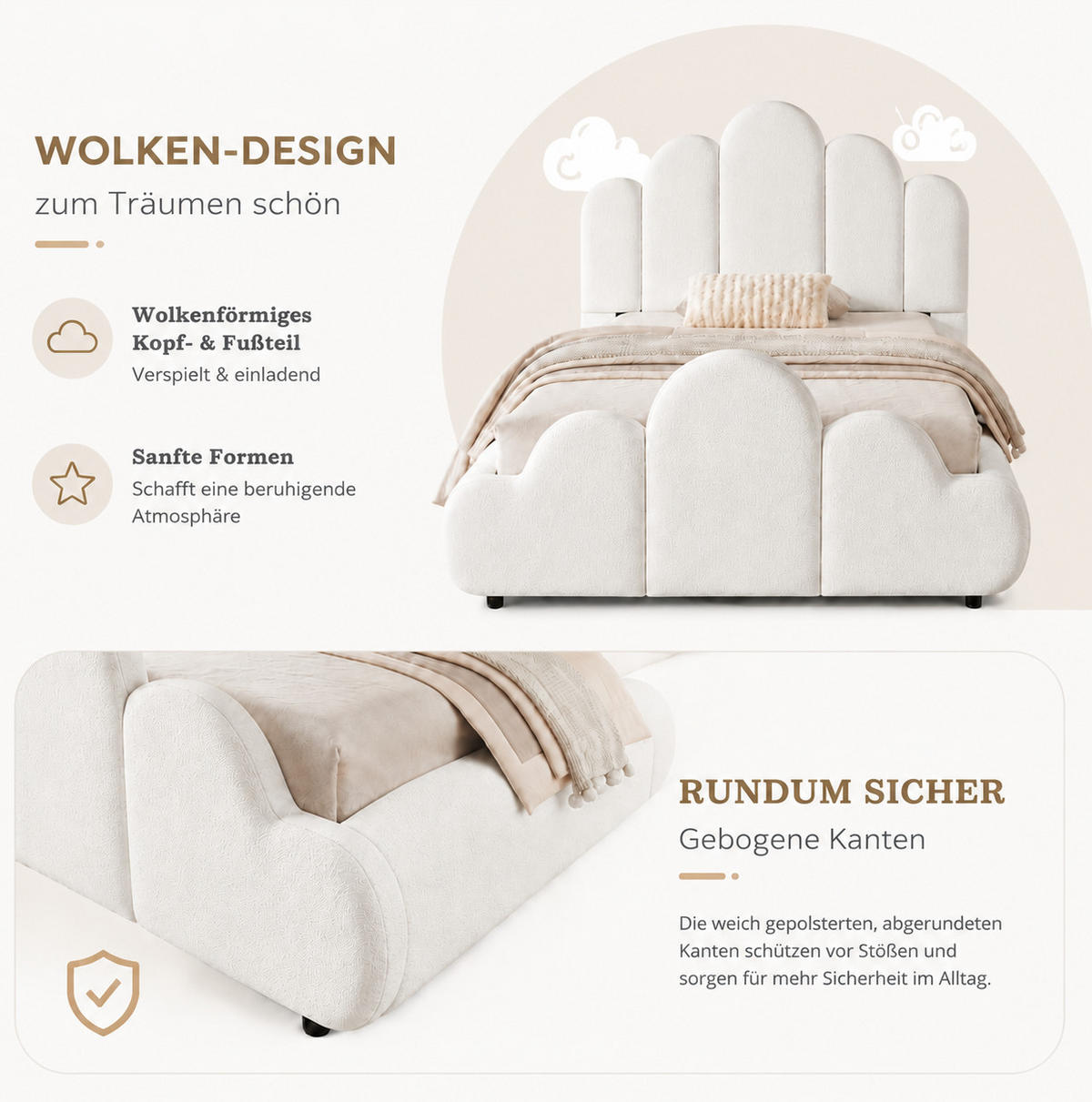 KINDER-POLSTERBETT 90x200 cm in Beige mit Bouclé-Bezug und Lattenrost - Beige, Textil (90/200cm) - IVMEU
