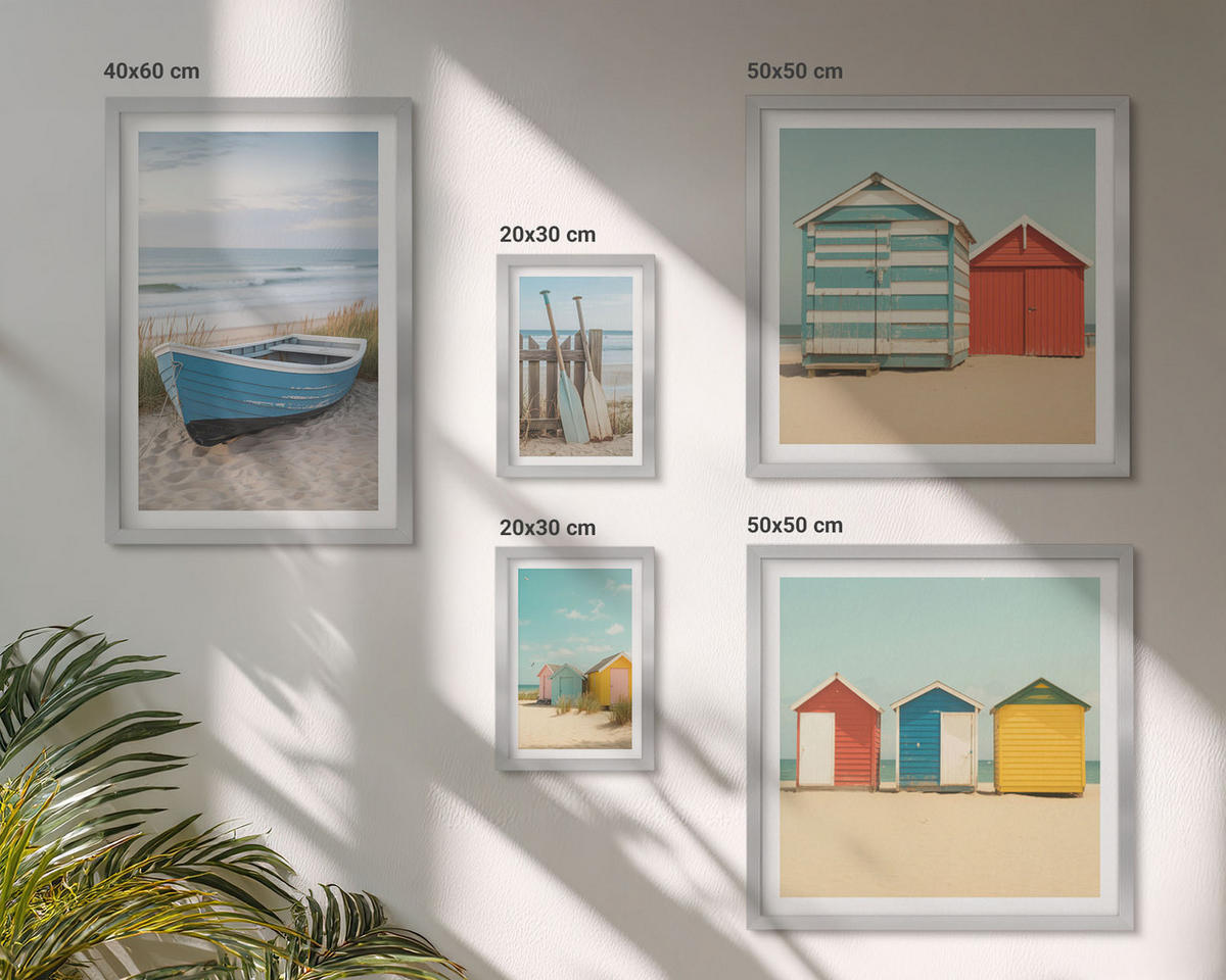 WANDBILDER 5er Set - 50x50 cm & 20x30 cm & 40x60 cm Silberner Rahmen - Farbenfrohe Berge und Küstenstädte - Silberfarben, Kunststoff (40/60cm) - ArtPrintCave