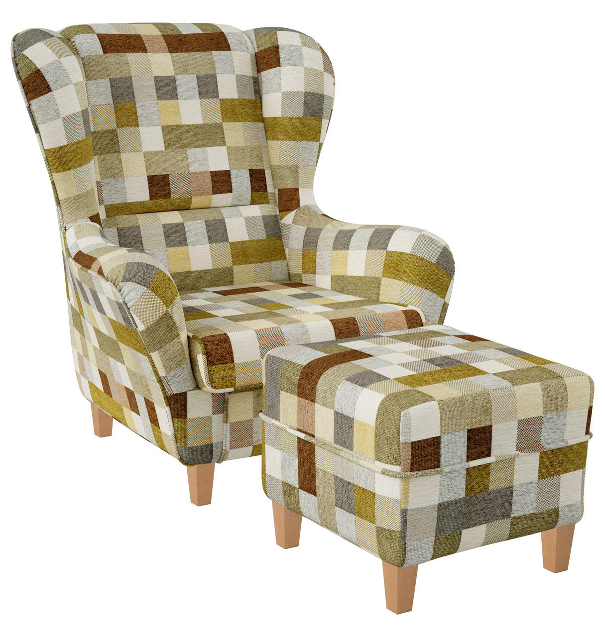 OHRENSESSEL Sofia Relaxsessel mit Hocker | Design kariert Beige-Ocker - Beige/Multicolor, Textil (92/68/95cm) - Supellex