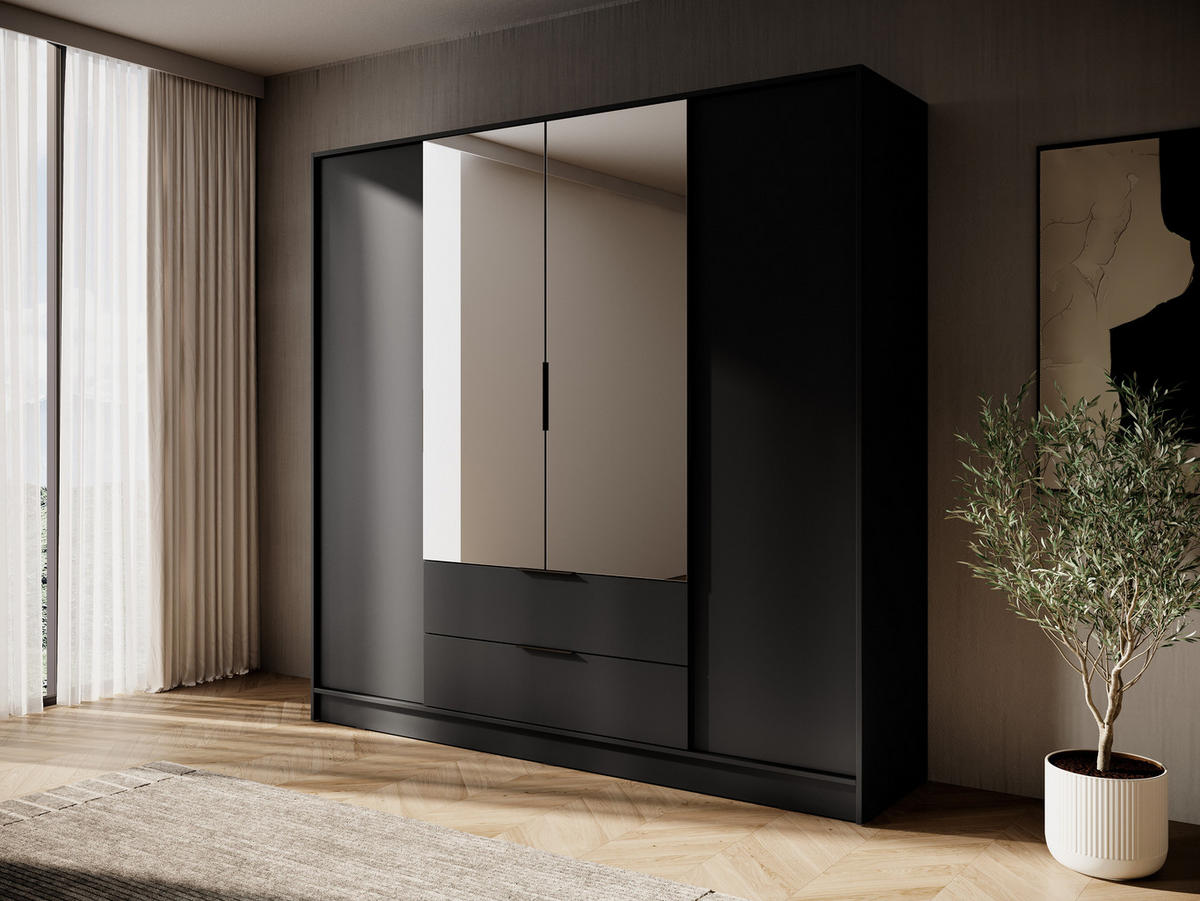 DREHTÜRENSCHRANK - Sevia Schwarz – mit Spiegel - Schwarz, Holzwerkstoff (206/200/51cm) - Möblo