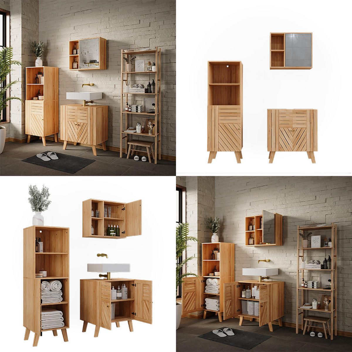 BADMÖBEL-SET Lucie Bambus 3 Teile, mit Midischrank - Grün, Holzwerkstoff (60/65/36cm) - Vicco