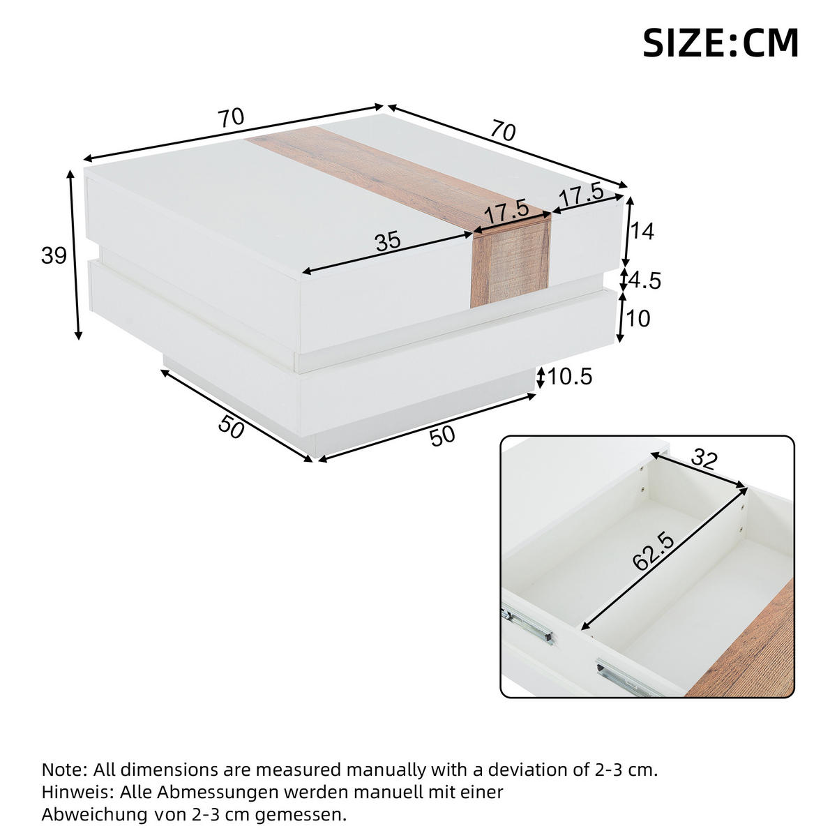 COUCHTISCH 70/70 cm mit ausziehbarer Tischplatte und verborgenem Stauraum - Weiß, Holzwerkstoff (70/70/39cm) - BEAOK