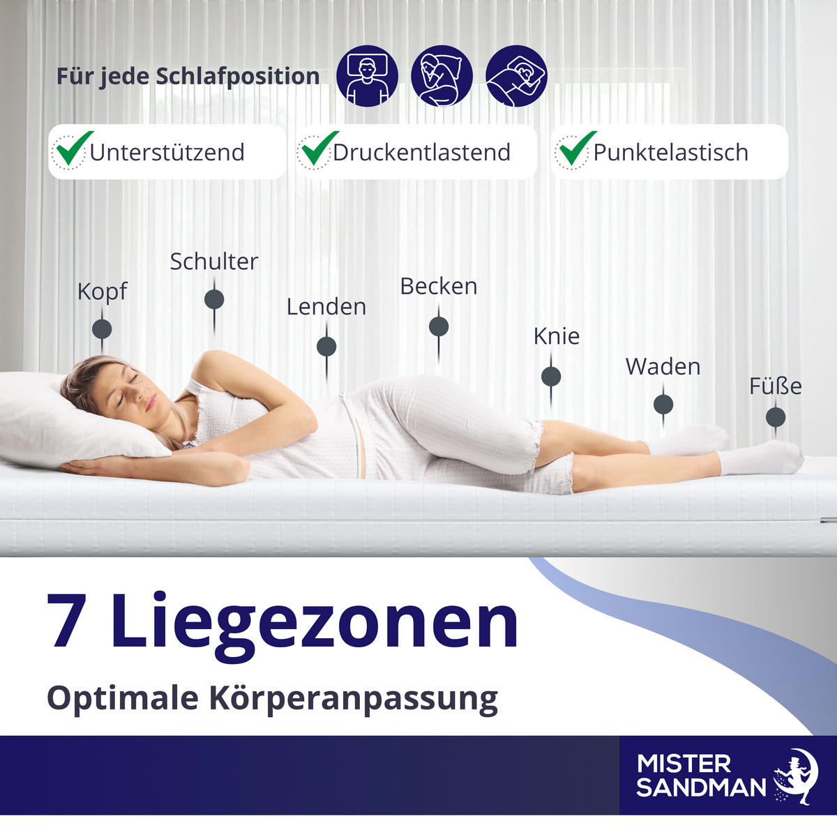 MATRATZE 100x200 cm H2 H3 Höhe 15cm - 7-Zonen Kaltschaummatratze, Wendematratze mit waschbarem Bezug - Weiß, Textil (100/200cm) - Mister Sandman