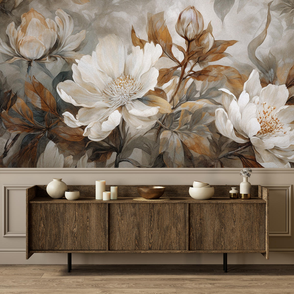 FOTOTAPETE für Wohnzimmer Blätter Abstrakte Blüten Pflanzen Retro 500x350 - Grau, Papier (500/350cm) - Muralo