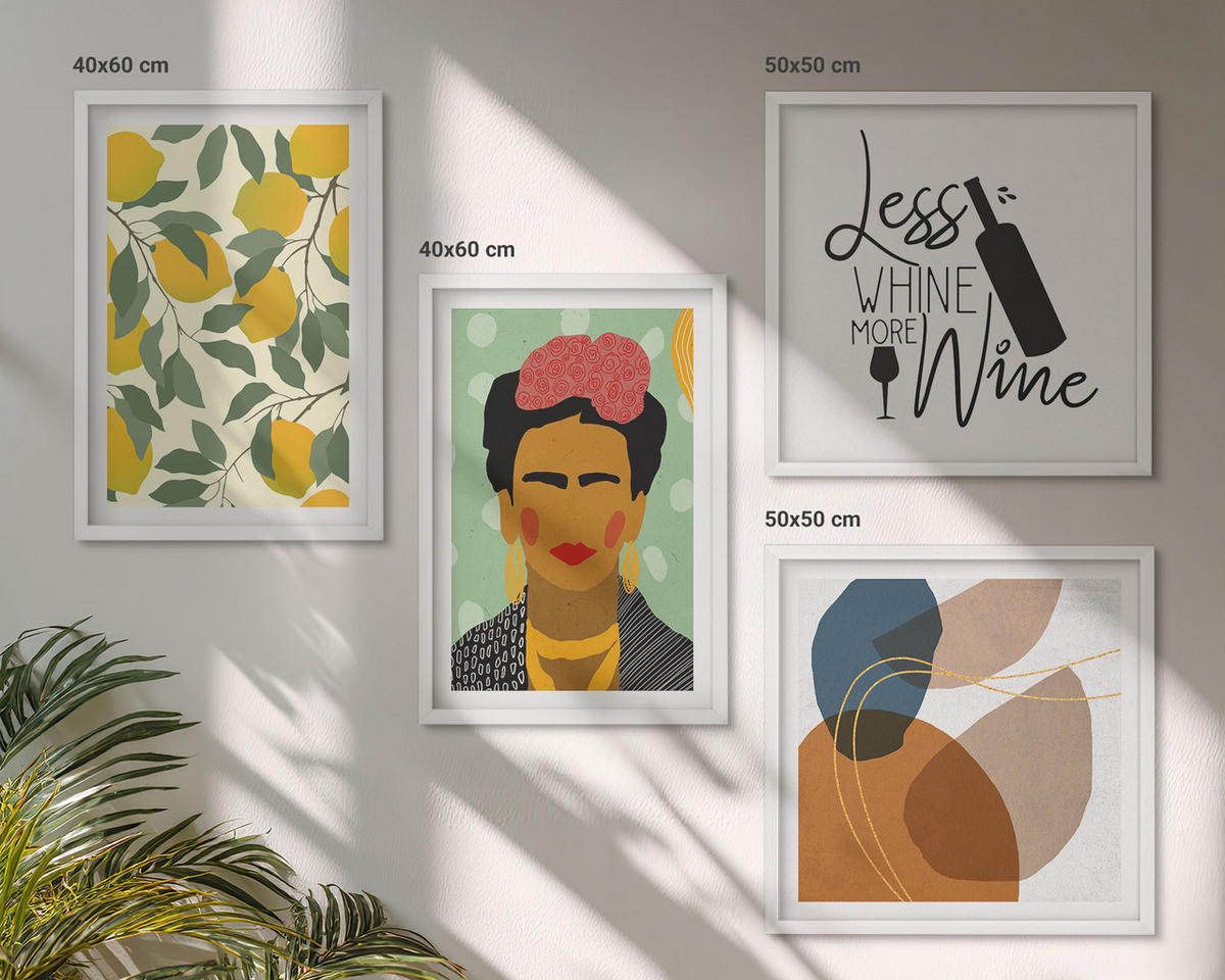 WANDBILDER 4er-Set - 50x50 cm & 40x60 cm Weißer Rahmen - Zitronenweinporträt von Frida - Weiß, Kunststoff (50/50cm) - ArtPrintCave