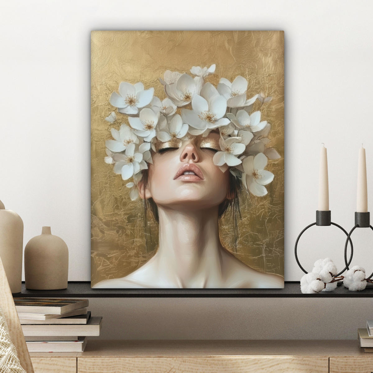 LEINWANDBILD Gesicht - Blumen - Gold - Abstrakt Room Decor 30x40 cm - Goldfarben, Textil (30/40cm) - MuchoWow