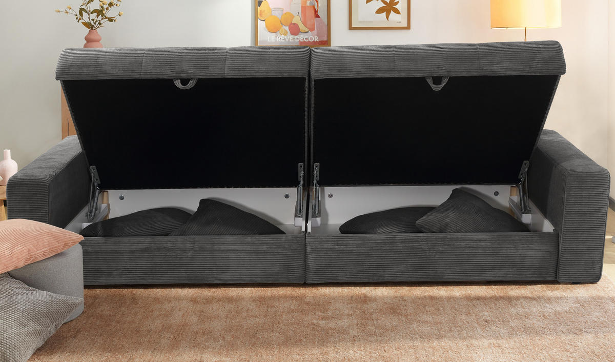 BIG-SOFA mit 2 Bettkästen, viel Stauraum, B274/T113/H84 cm, Liegefläche 103x241 cm, Cord Dunkelgrau / 15261 - Dunkelgrau, Kunststoff/Textil (284/84/113cm) - luma-home