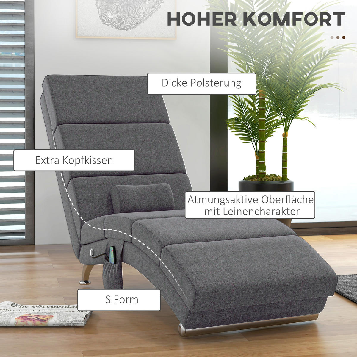 RELAXLIEGE, Massagefunktion, Dunkelgrau - Dunkelgrau, Metall (168/84/56cm) - HOMCOM