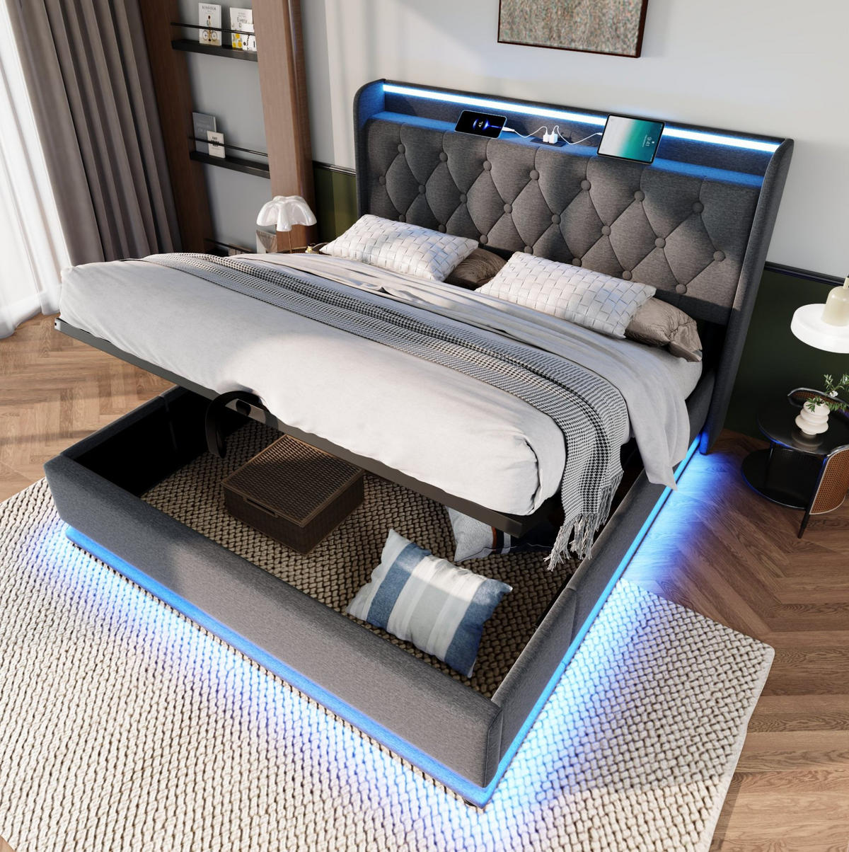 BETT mit LED und Stauraum 140x200 cm Leinen Grey inkl. Matratze - Grau, Metall (140/200cm) - Meubliv