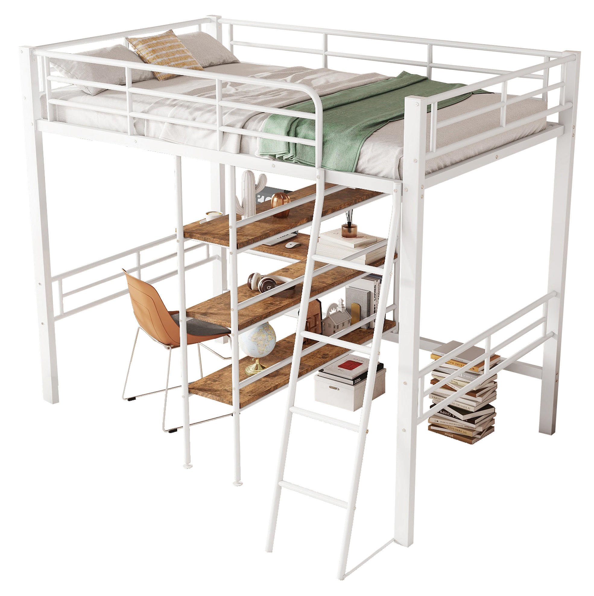 HOCHBETT 90/200 cm Weiß mit Schreibtisch und mehreren Regalen mit Matratze - Weiß, Metall (90/200cm) - OKWISH