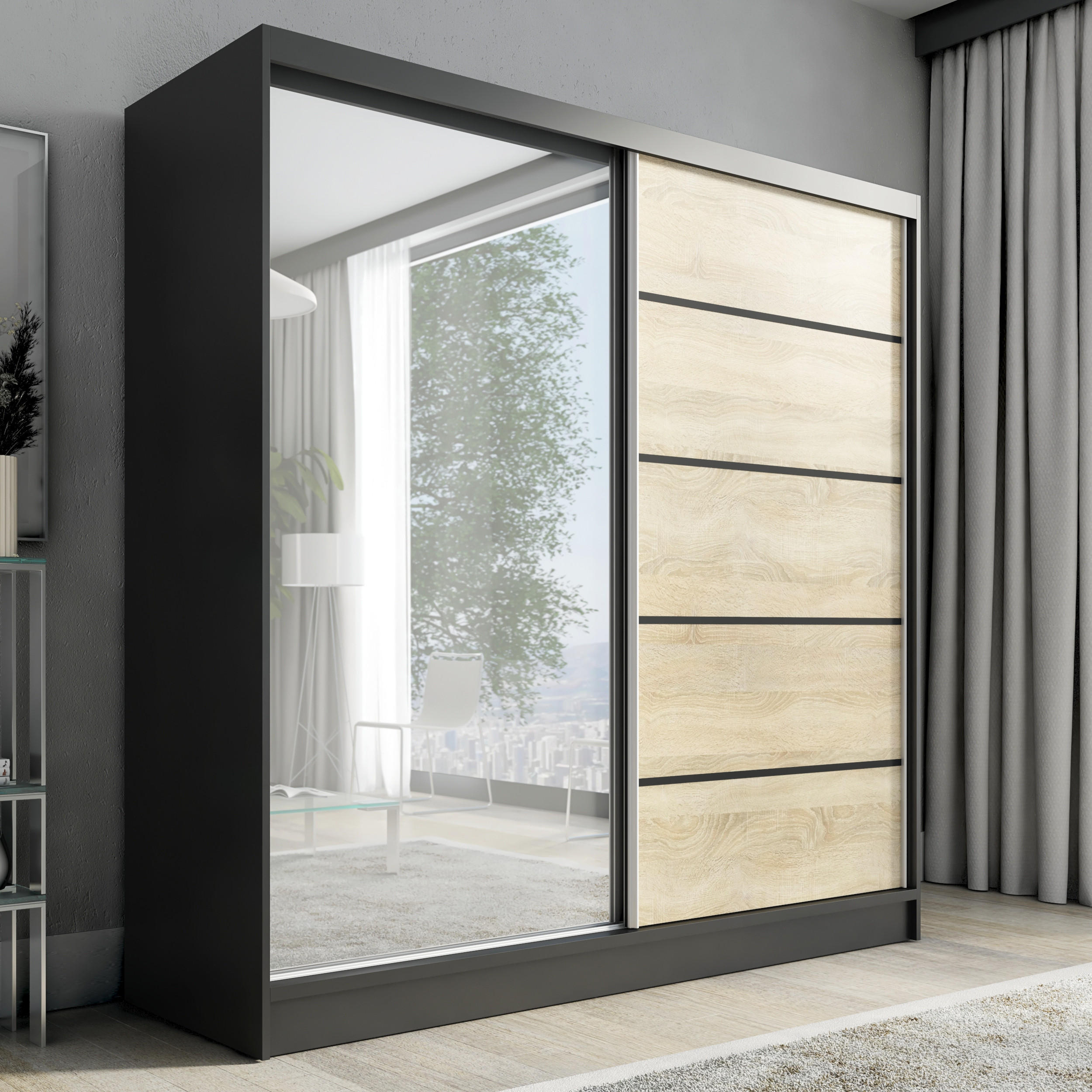 A&J MöbelLand Schwebetürenschrank Schwarz, Braun 200x215x60 cm