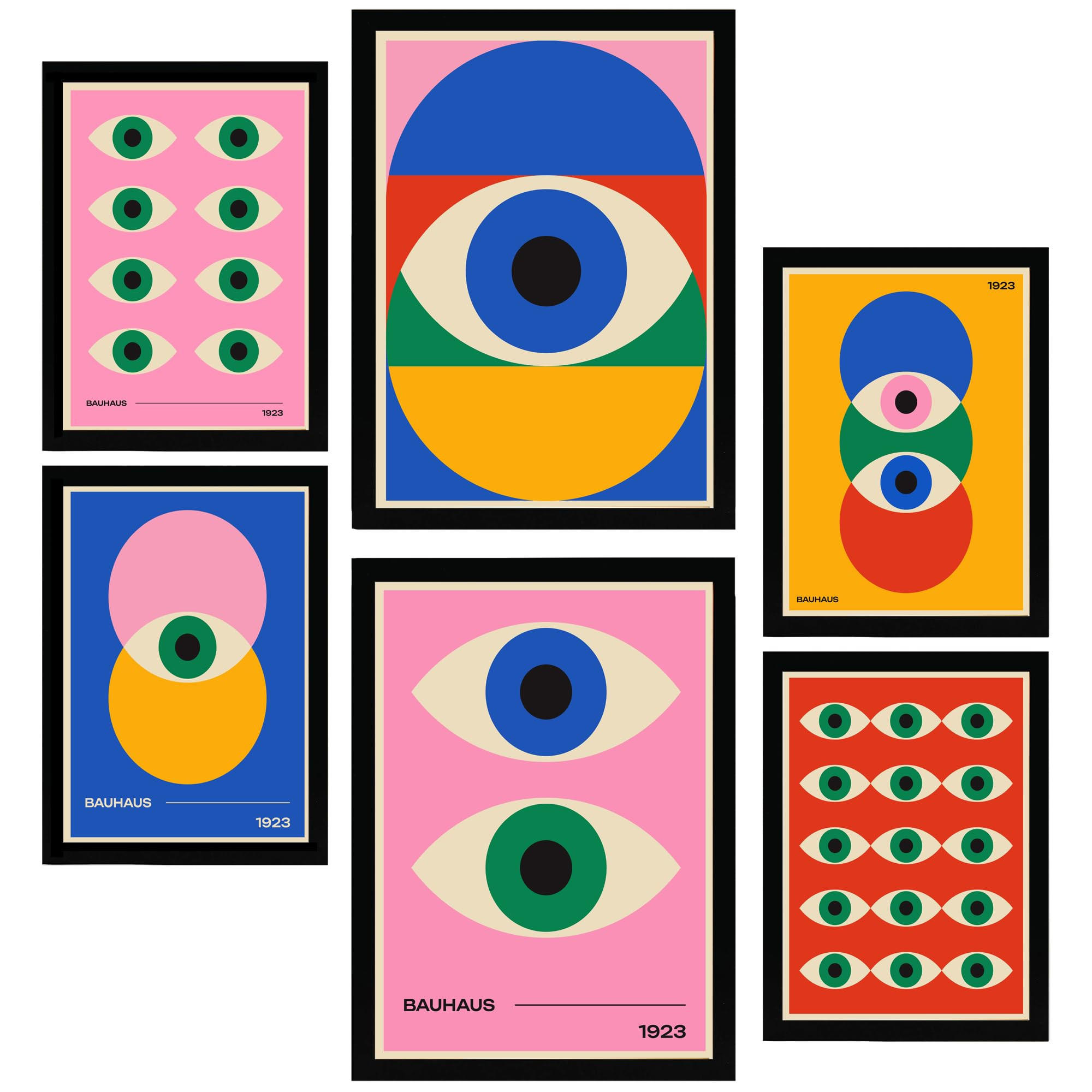 POSTER Set Mit 6 Geometrische Bauhaus Lebendige Farben & Augen A3 & A4 Schwarzer Rahmen - Schwarz, Papier (29/3cm) - Nacnic