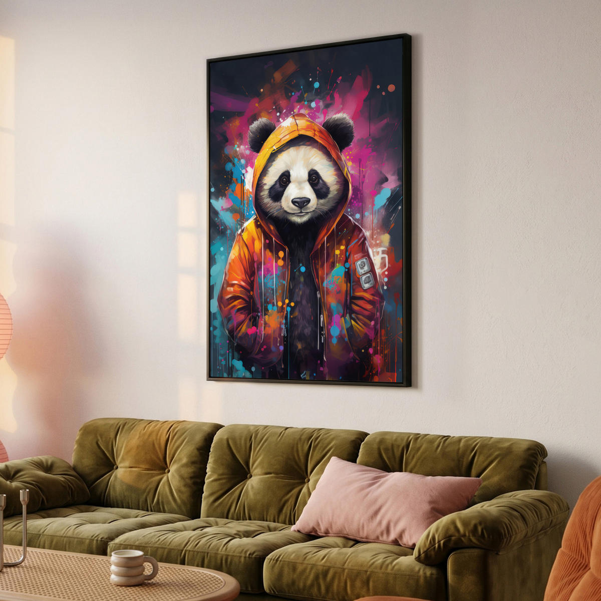 LEINWAND Bilder mit Rahmen - Panda - Jacke - Graffiti - Orange - 80x120 - Orange, Textil (80/120cm) - MuchoWow