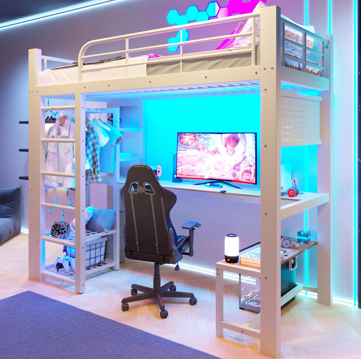 HOCHBETT 90/200 cm Weiß mit LED, Schreibtisch und Stauraum ohne Matratze - Weiß, Metall (90/200cm) - MIVRAY