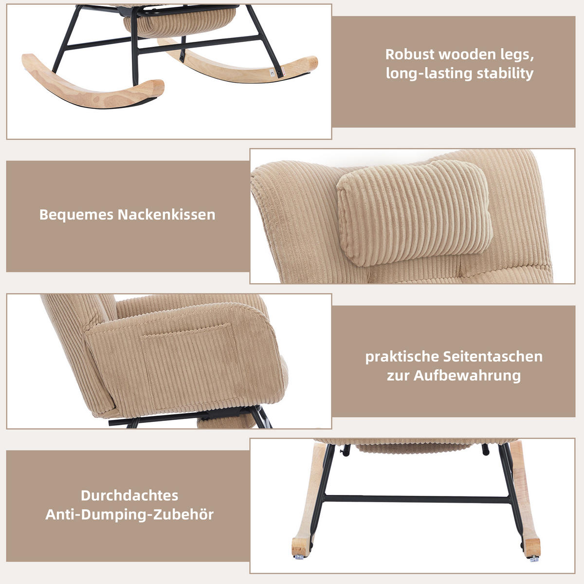 SCHAUKELSTUHL gepolstert hoher Rücken Stoff Braun Sessel - Braun, Textil (102/92/65cm) - FLIEKS