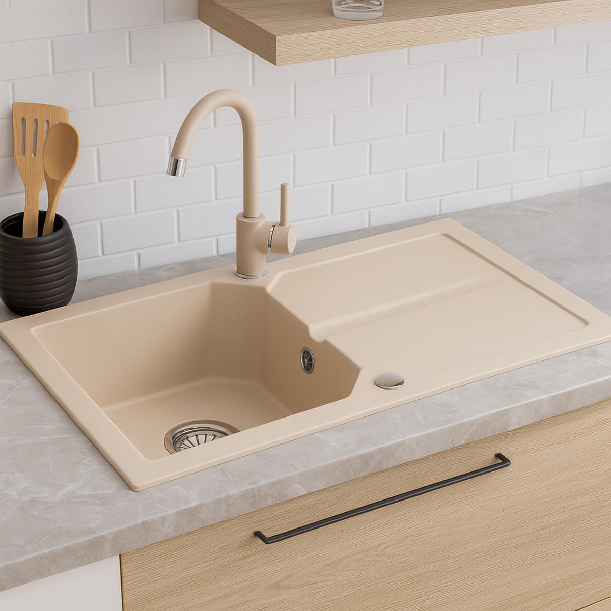 GRANITSPÜLE KDO sandfarben 750x435mm - Creme, Holzwerkstoff (43/17/43cm) - roe furniture