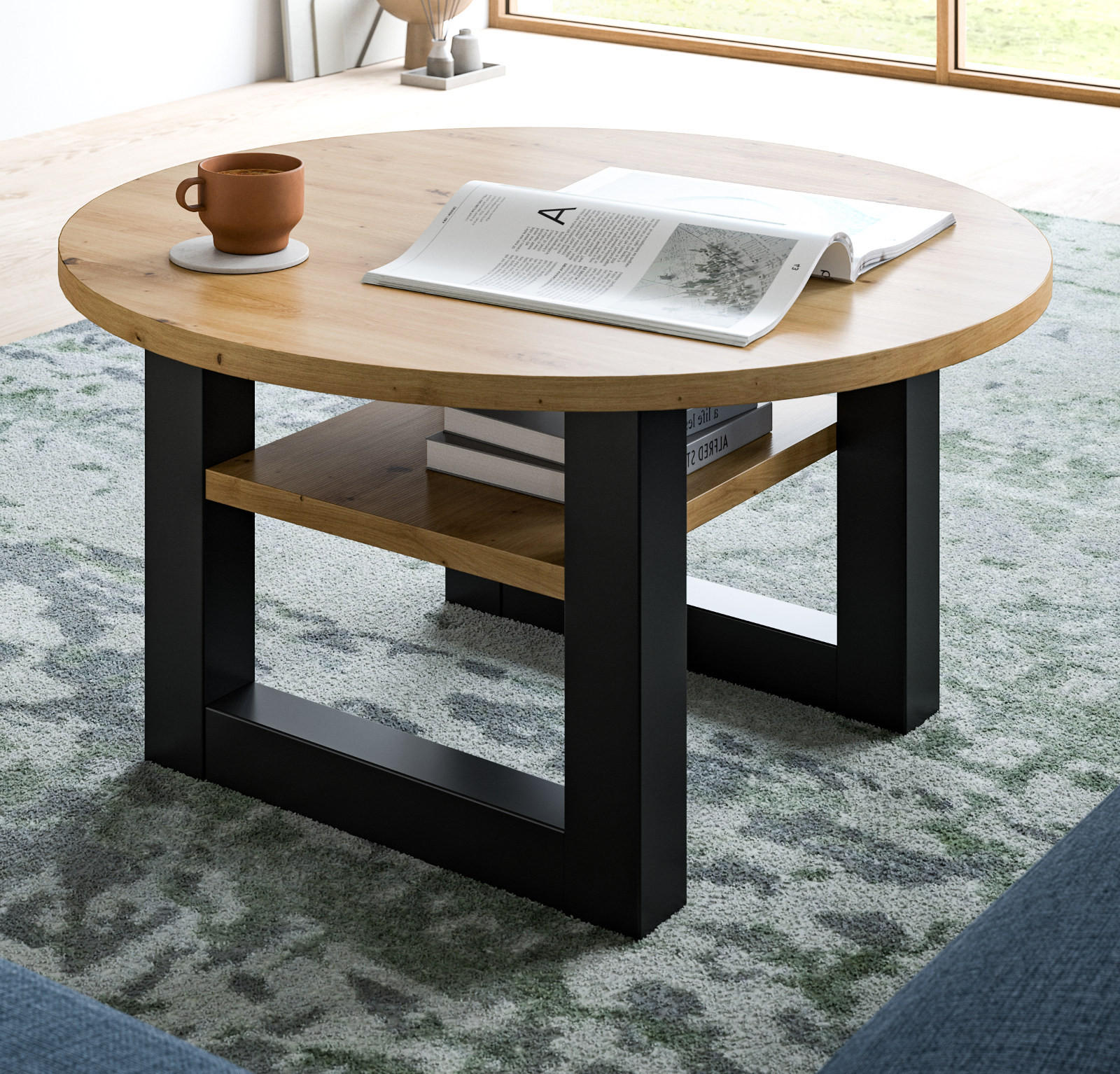 COUCHTISCH Eiche, grau rund 75 cm, Wohnzimmertisch mit Ablage - Eiche Artisan/Grau, Holzwerkstoff/Metall (75/75/42cm) - Inn.Furn