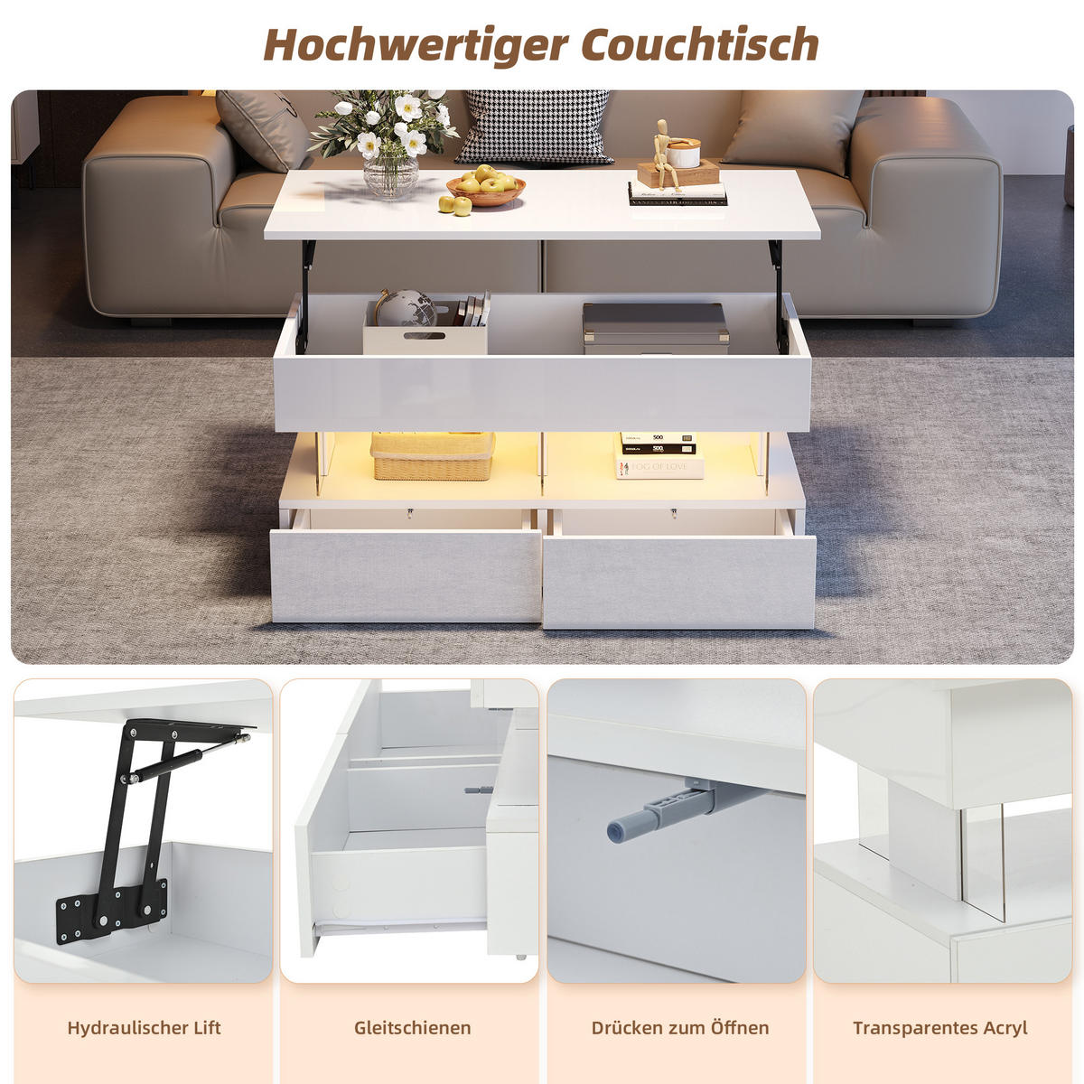 COUCHTISCH 100x50x46 cm Weiß LED Lift 2 Schubladen Stauraum - Weiß, Holzwerkstoff (100/50/46cm)