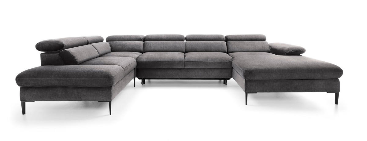 WOHNLANDSCHAFT MESTO Grau Velours-Stoff mit Schlaffunktion - Grau, Holz (353/94/182cm) - MASSENO