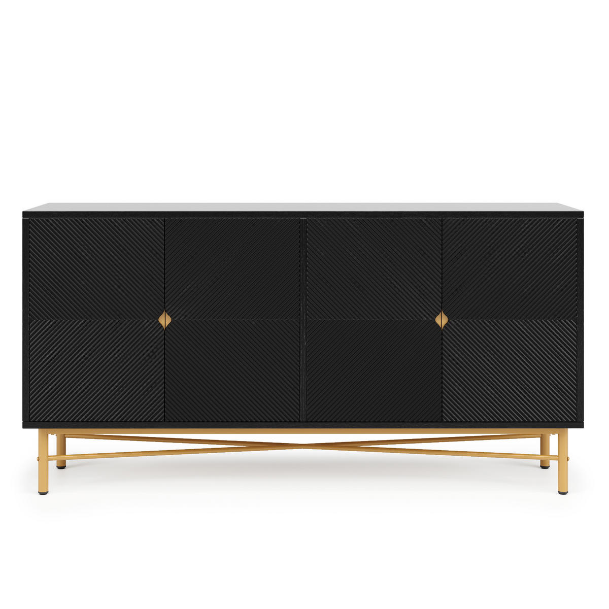 SIDEBOARD Schwarz 4 Türen Gold Griffe Hochglanz 160x40x82cm - Schwarz, Holzwerkstoff (40/82/160cm) - FLIEKS