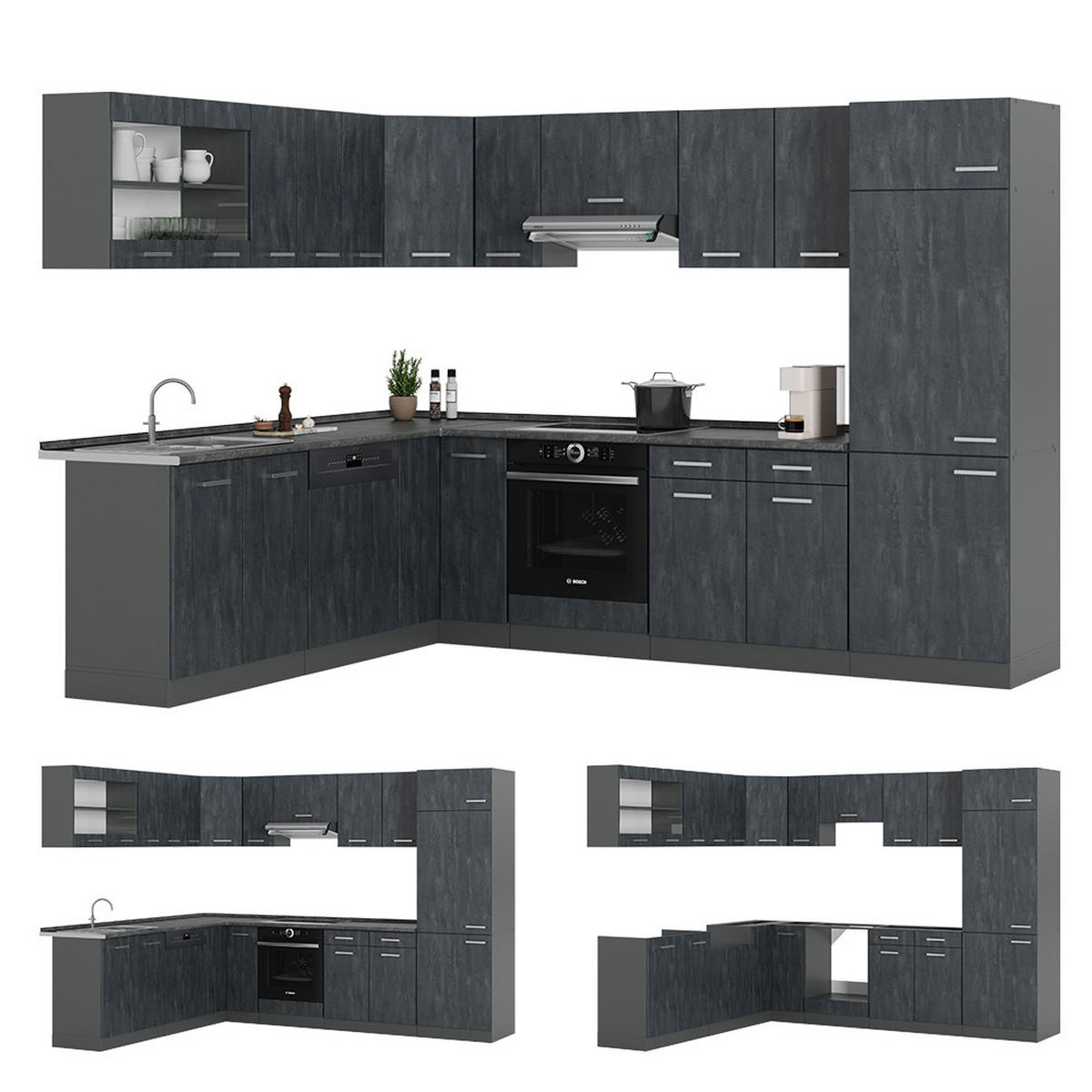 ECKKÜCHE IN L-FORM R-Line Schwarz Beton/Anthrazit 227 x 287 cm AP Marmor - Anthrazit/Schwarz, Holzwerkstoff (287/81.6/60cm) - Vicco