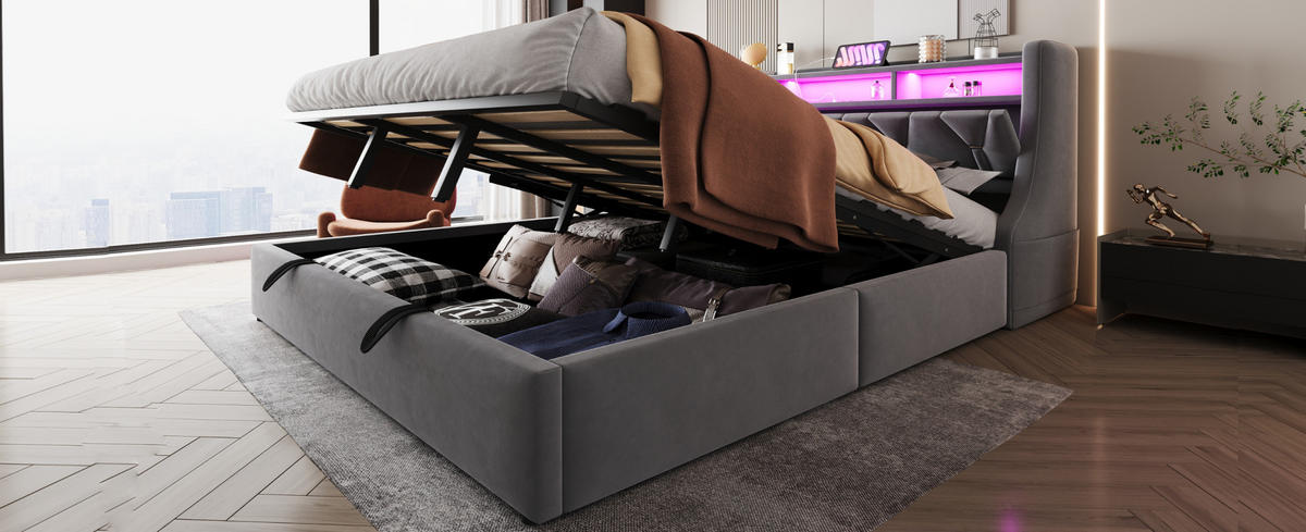POLSTERBETT 180/200 cm Grau aus Samtstoff mit Stauraum - Grau, Textil (180/200cm) - OKMYHOME