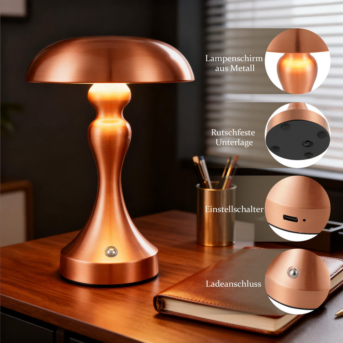 LED stolní lampa, přepěťová ochrana 15,5/15,5/22 cm - bronzová, kov (15.5/15.5/22cm) - Nettlife