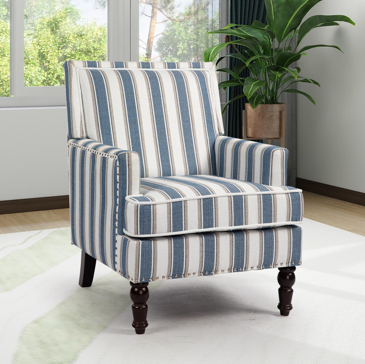 SESSEL in Blau-Weiß gestreift aus Baumwoll-Leinen mit Holzgestell,69/69/89 cm - Blau, Textil (69/89/69cm) - BEAOK