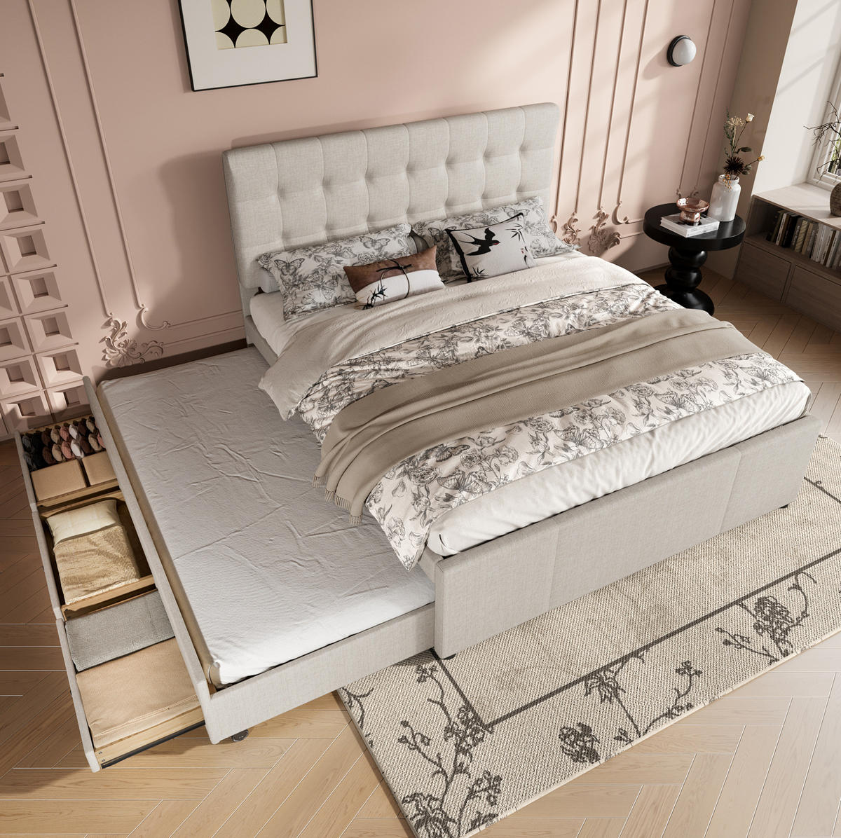 BETT mit Ausziehbett und 3 Schubladen 140x200 cm Leinen Beige - Beige, Holz (140/200cm) - Meubliv