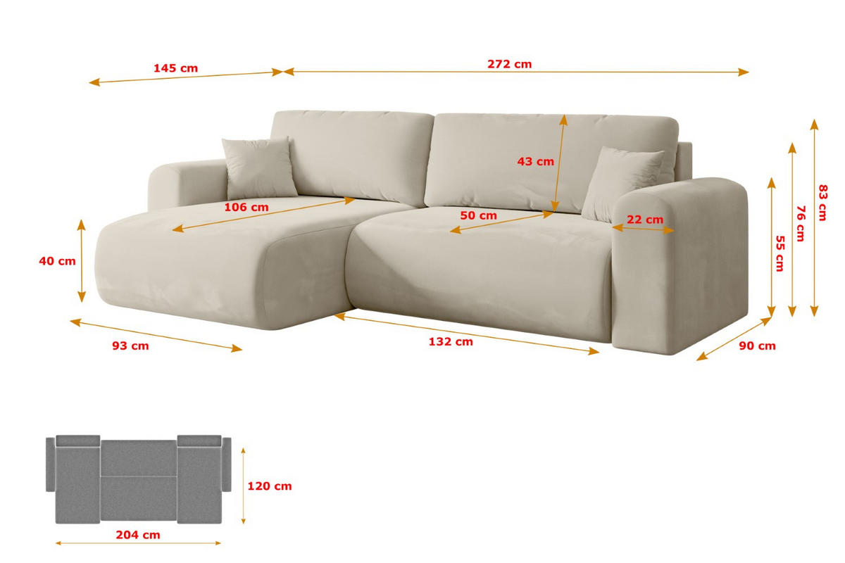 ECKSOFA mit Schlaffunktion und Bettkasten ORRO-L - 272x145x83 cm Beige Velours - Beige/Schwarz, Holzwerkstoff/Kunststoff (272/145cm) - ALTDECOR