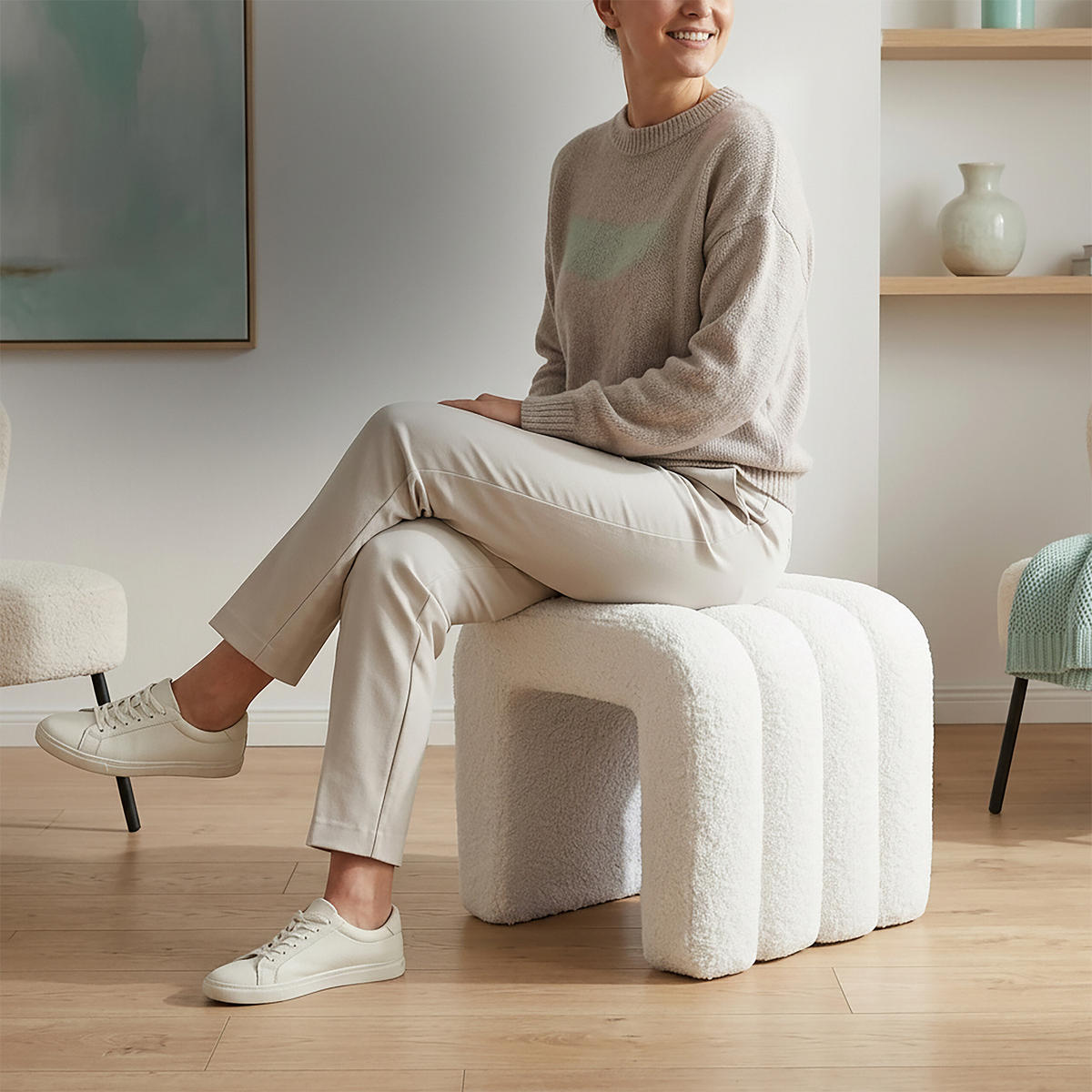 SEDACÍ taburet Bubble - bílá, dřevo/textil (40/40/40cm) - Relaxdays