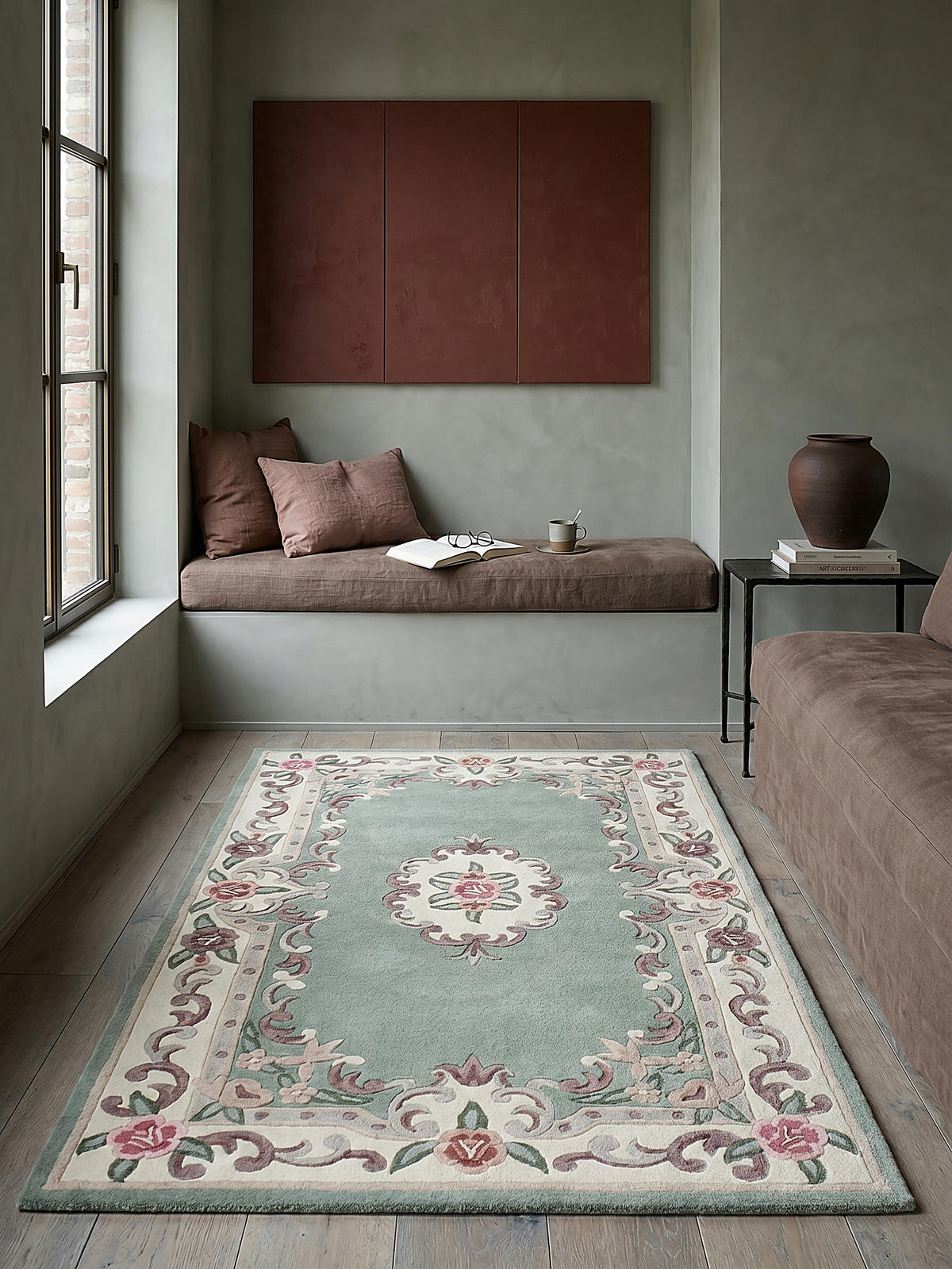 WOLLTEPPICH Aubusson-Muster handgeknüpft BEAULY, Grün-Beige 75x150 cm - Grün, Textil (150/75cm) - KADIMA DESIGN