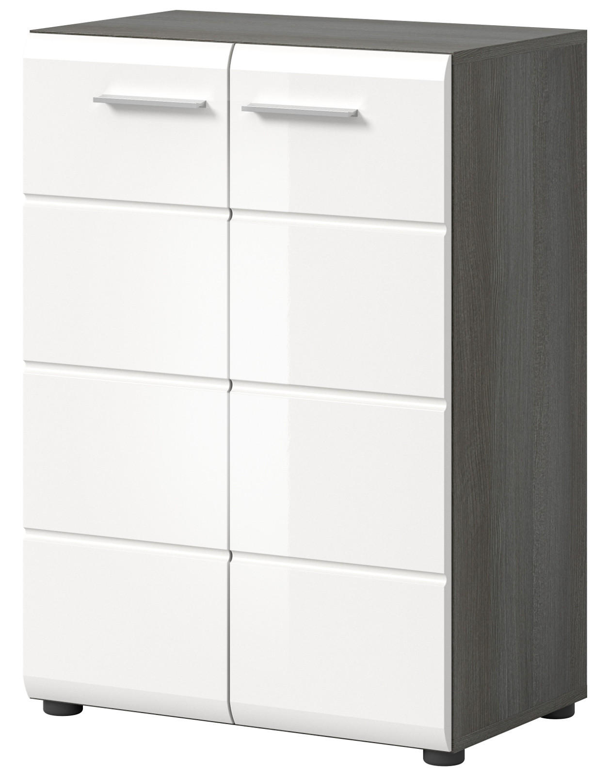 KOMMODE weiß Hochglanz, grau 60 cm, Sideboard mit Rillenoptik - Weiß Hochglanz/Silberfarben, Holzwerkstoff/Kunststoff (60/85/37cm) - Inn.Furn