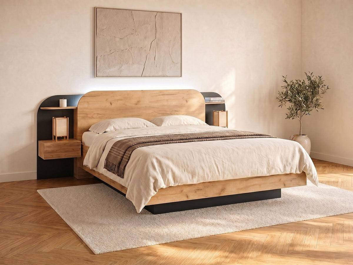 BETT mit Bettkasten - 2 Personen - holz - schwarz, naturfarben hell Juvisia - Schwarz/Naturfarben, Holz (160/200cm) - Vente-Unique