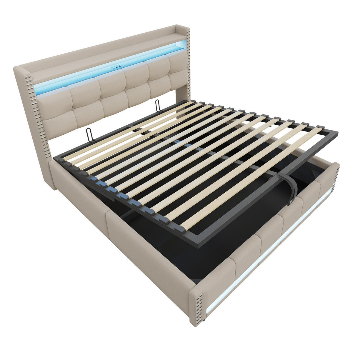 ČALOUNĚNÁ postel, 180/200 cm, béžová, lněný vzhled, LED, USB a úložný prostor - béžová, textil (180/200cm) - BEAOK