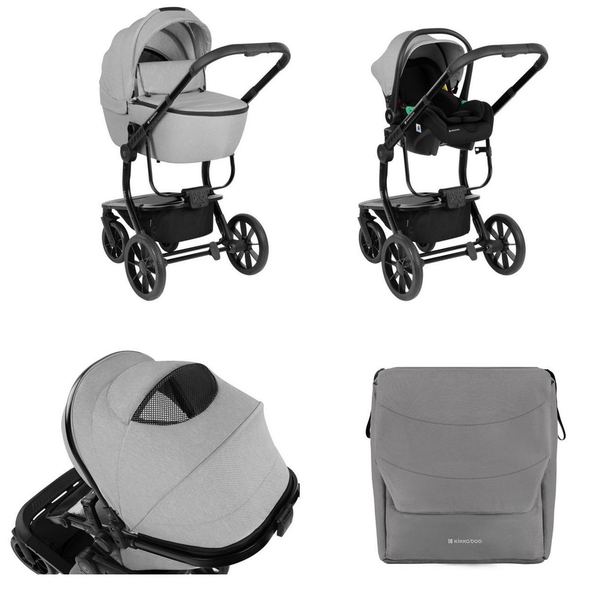 KOMBIKINDERWAGEN Irene 3 in 1 grau/schwarz Babywanne Autositz Adapter Wickeltasche - Grau, Metall (63/63/107cm) - Kikka boo