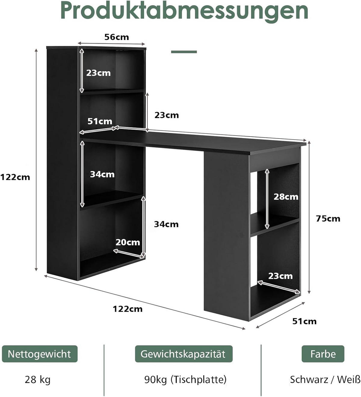 SCHREIBTISCH 120cm Schwarz - Schwarz, Holz (122/52/120cm) - COSTWAY
