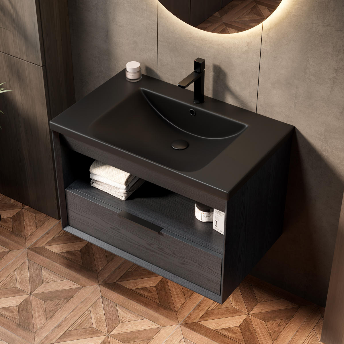 BADEZIMMERSCHRANK 74.5x46.5x51.5 cm Schwarz & Dunkle Eiche aus Keramik & Sperrholz - Schwarz, Keramik (74.5/51.5/46.5cm) - Modfu