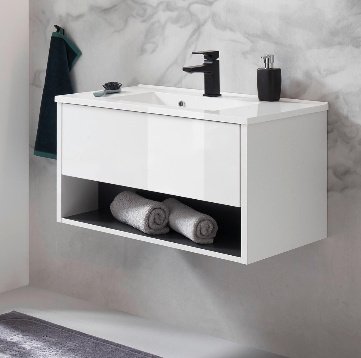 WASCHBECKENUNTERSCHRANK mit Waschbecken weiß Hochglanz, grau 80 cm hängend - Weiß Hochglanz/Grau, Holzwerkstoff/Metall (80/44/47cm) - Furn.Design