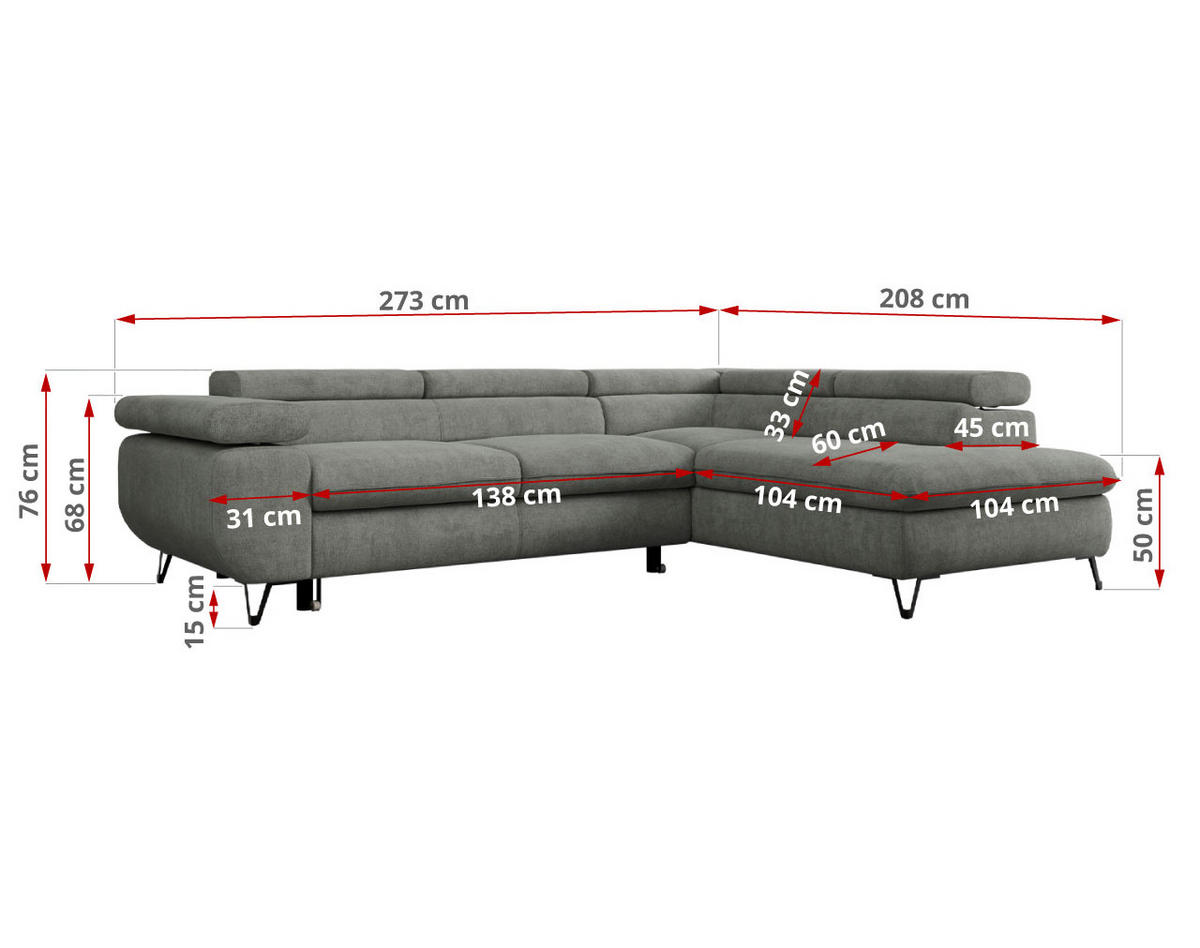 ECKSOFA PETER L Grau Struktur - Rechts Seite - Schwarz/Grau, Textil/Metall (273/208cm) - MKS