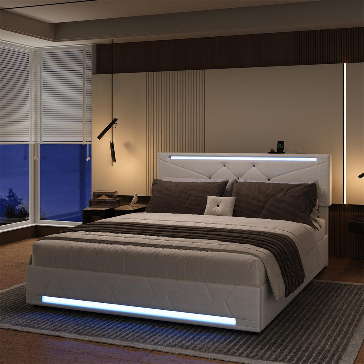 POLSTERBETT 140x200 cm mit LED-Beleuchtung&USB-Ladefunktion -höhenverstellbarem Kopfteil und hydraulischem Stauraum - Beige, Textil (140/200cm) - DELFA