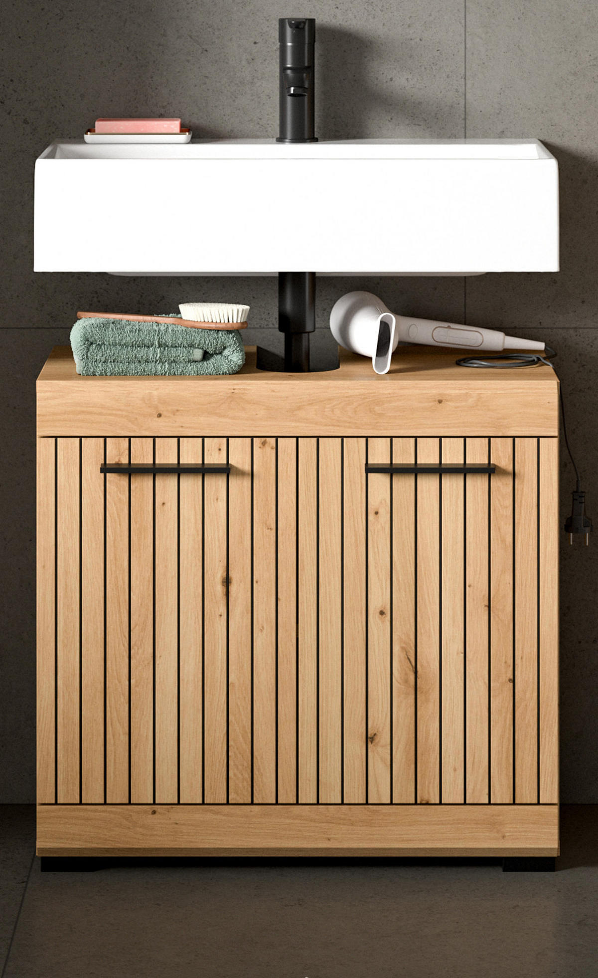 WASCHBECKENUNTERSCHRANK Eiche Artisan 60 cm, Badezimmer Unterschrank 2-türig - Schwarz/Eiche Artisan, Holzwerkstoff/Kunststoff (60/56/34cm) - Inn.Furn