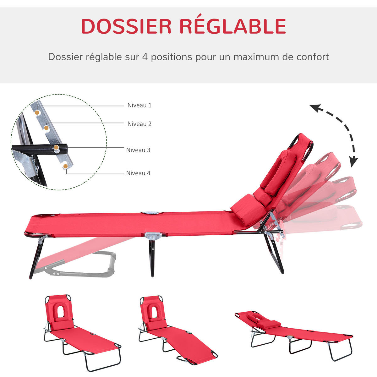 SONNENLIEGE DE-15582 klappbar, 4-fach verstellbar Rot - Rot, Metall (58/36/187cm) - ComfortXL