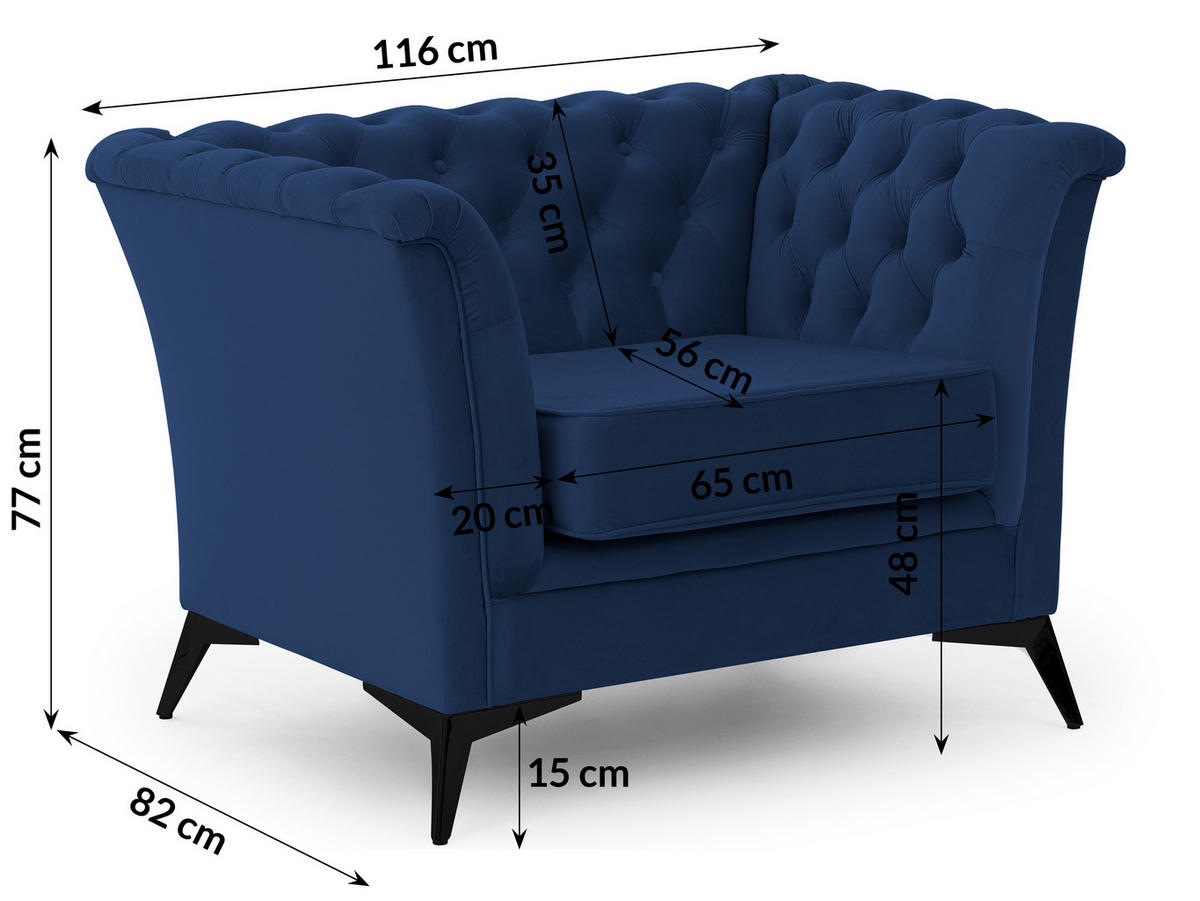 CHESTERFIELD-SESSEL Whitby Marineblau Samt mit schwarzen Füßen - Schwarz/Dunkelblau, Holz/Textil (116/78/82cm) - S-Style Möbel