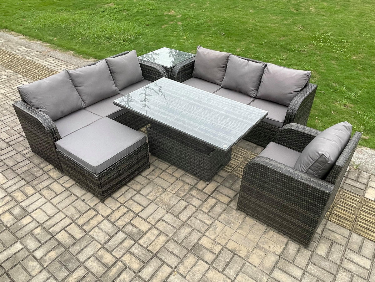 GARTENMÖBELSET mit Beistelltisch Höhenverstellbarer Esstisch 8-Sitzer Grau - Dunkelgrau/Grau, Glas/Kunststoff - Fimous