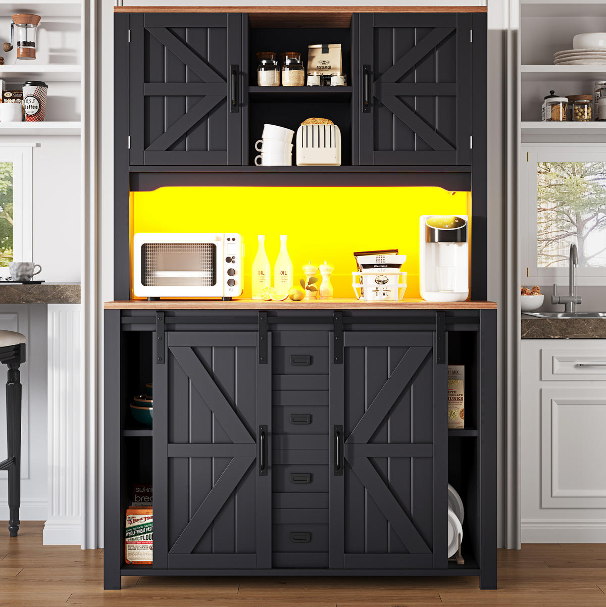 KÜCHENSIDEBOARD aus MDF, Spanplatte und Metall 115x40x174,7 cm Schwarz mit LED-Beleuchtung - Schwarz, Holzwerkstoff (115/174.7/40cm) - IVMEU