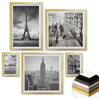 WANDBILDER 5er Set - 50x50 cm & 20x30 cm & 40x60 cm Goldrahmen - Neonlinienwellen im Hintergrund - Goldfarben, Kunststoff (40/60cm) - ArtPrintCave